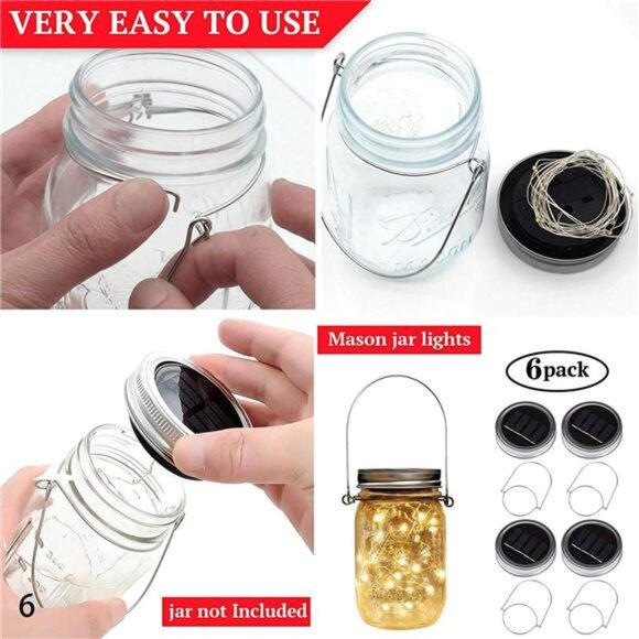 6 Pack Solar Mason Jar Lights for Outside, 30 LED Solar Mason Jar Lids Lights - Picture 5 of 7